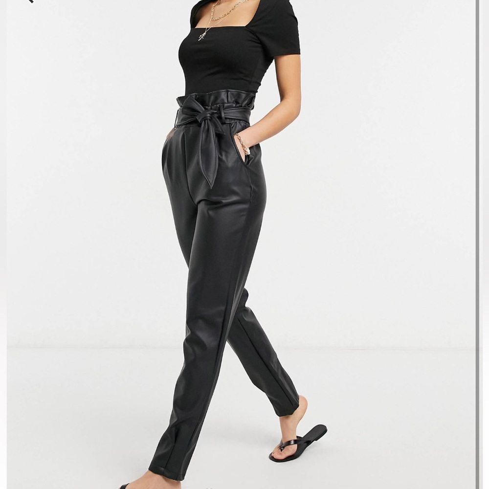ASOS Tall Leather Look Black Straight Leg Pants - Tie Waist